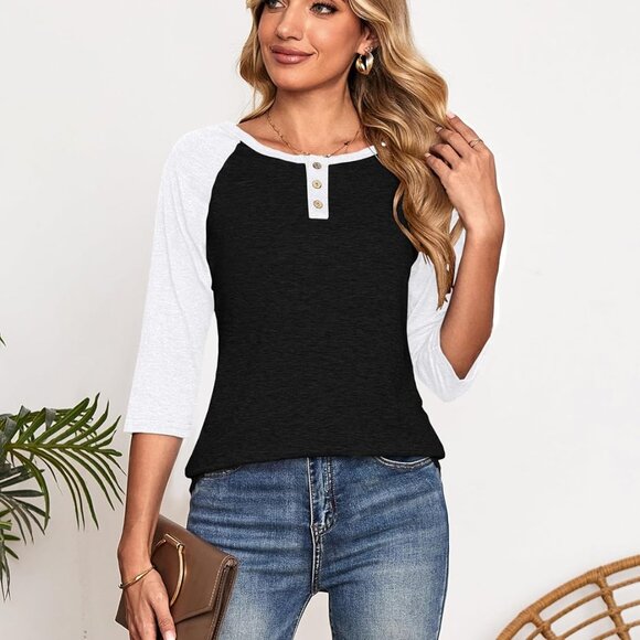 Women's Casual 3/4 Sleeve T Shirts Button V Neck Tunic Blouses Color Block Basic - Picture 4 of 6